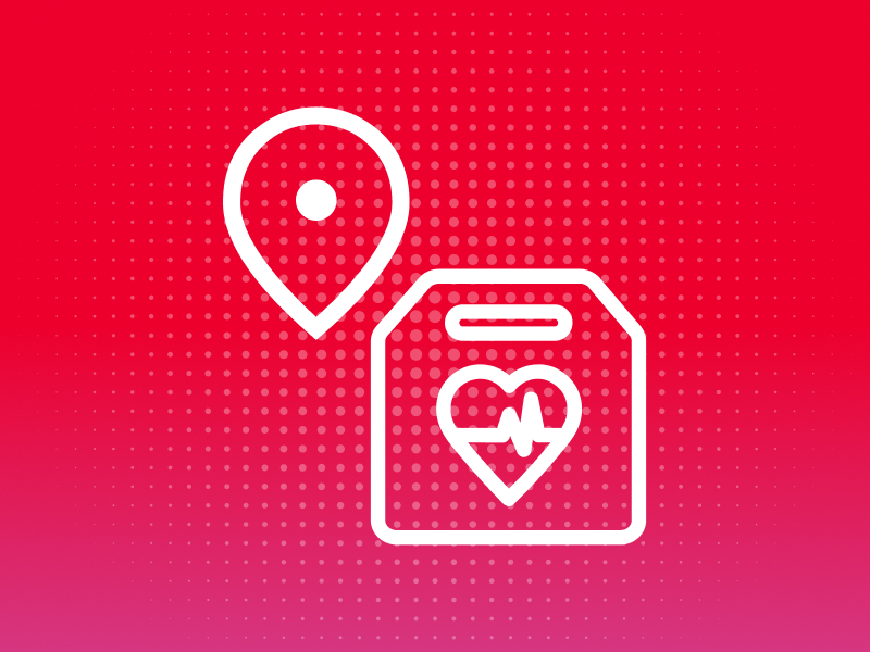 Icon of a pin and a defibrillator on a red gradient background