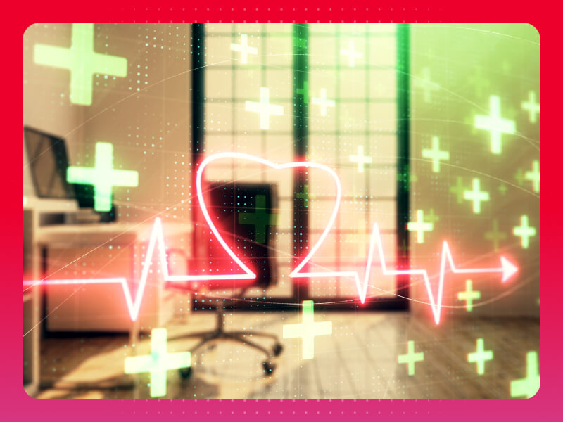 Red heartbeat line overlayed on a photograph of an office space