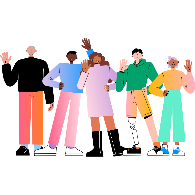 Illustration of diverse group of people waving hello.
