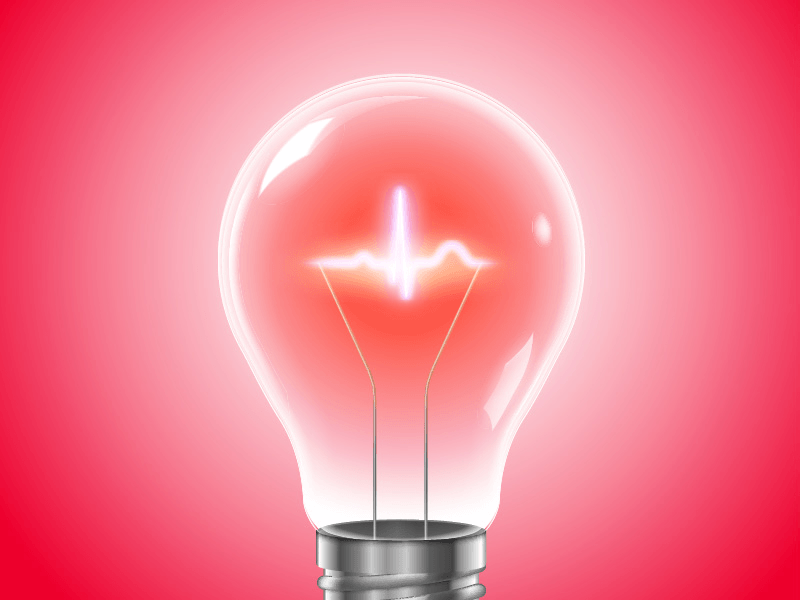 Illustration of a light bulb with a pulse pattern glowing inside it on a red background