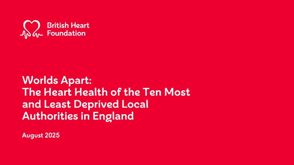 Report title page which reads "Worlds Apart: The Heart Health of the Ten Most and Least Deprived Local Authorities in England, August 2025"