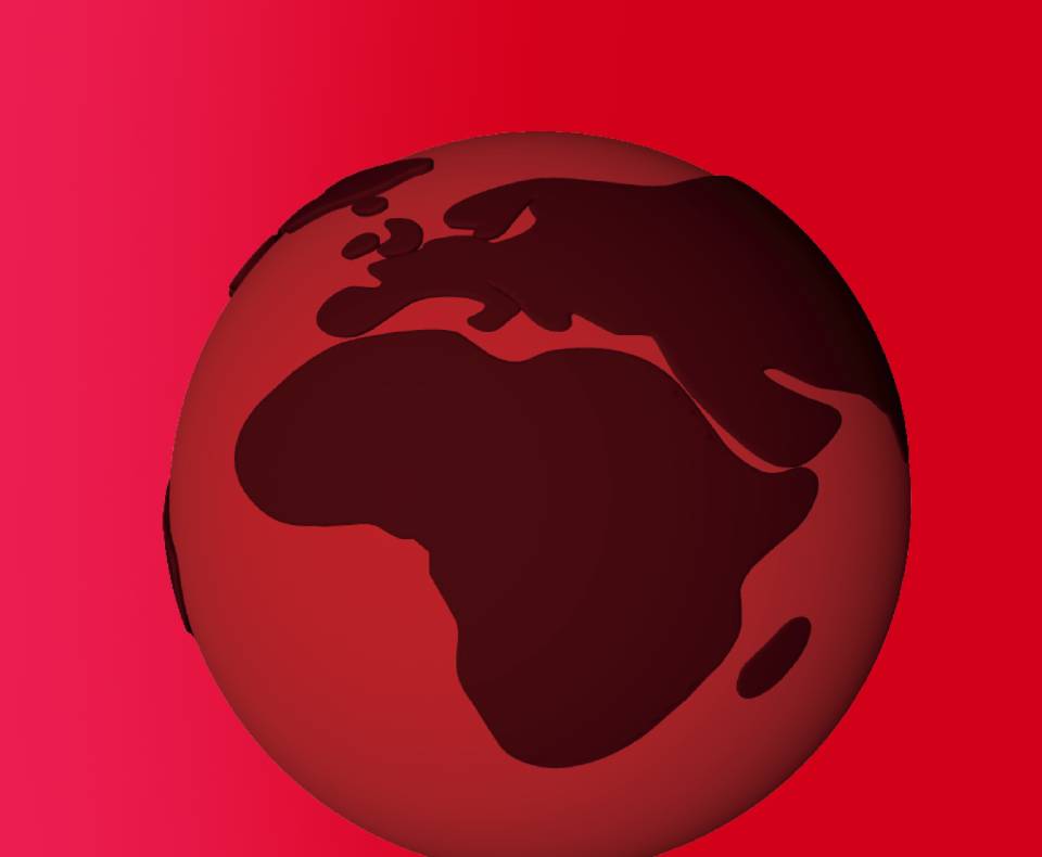 A globe showing Africa and Europe. The globe and background are red and stylised to look like a red blood cell.