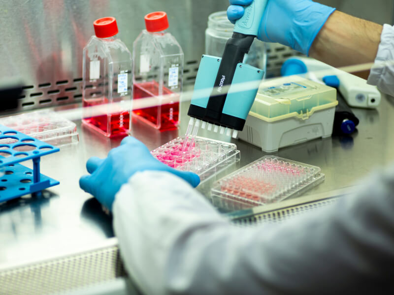 Person in a lab coat in a science lab examining samples