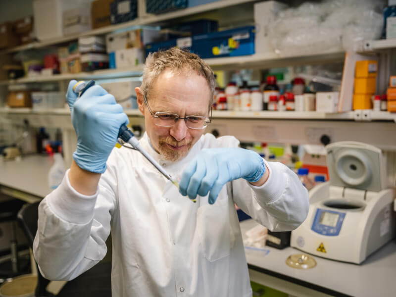 BHF researcher in a lab looking at a test sample 