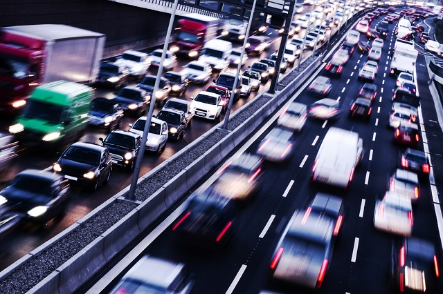 Busy traffic on the motorway at dusk
