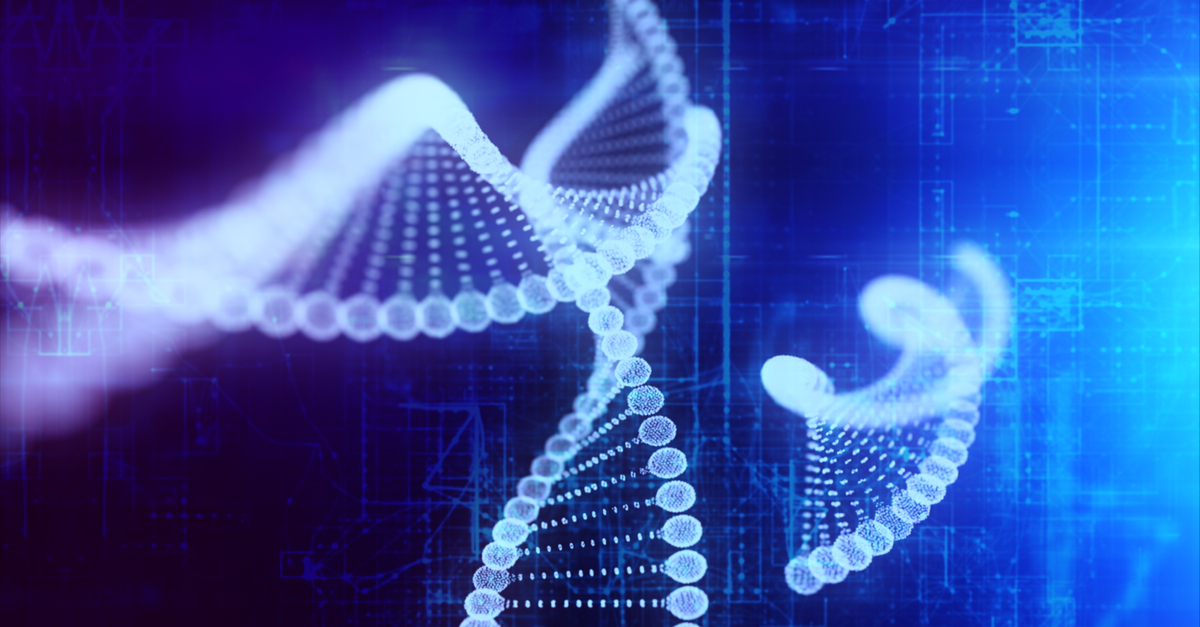 Strands of DNA in neon blue with data in background