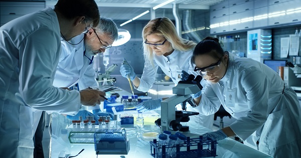 A team of medical researchers in a lab