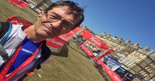 Mark Kingsland at the finish line of the London to Brighton Off-Road Bike Ride 2019