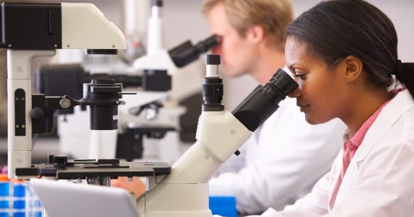 Woman looks down a microscope