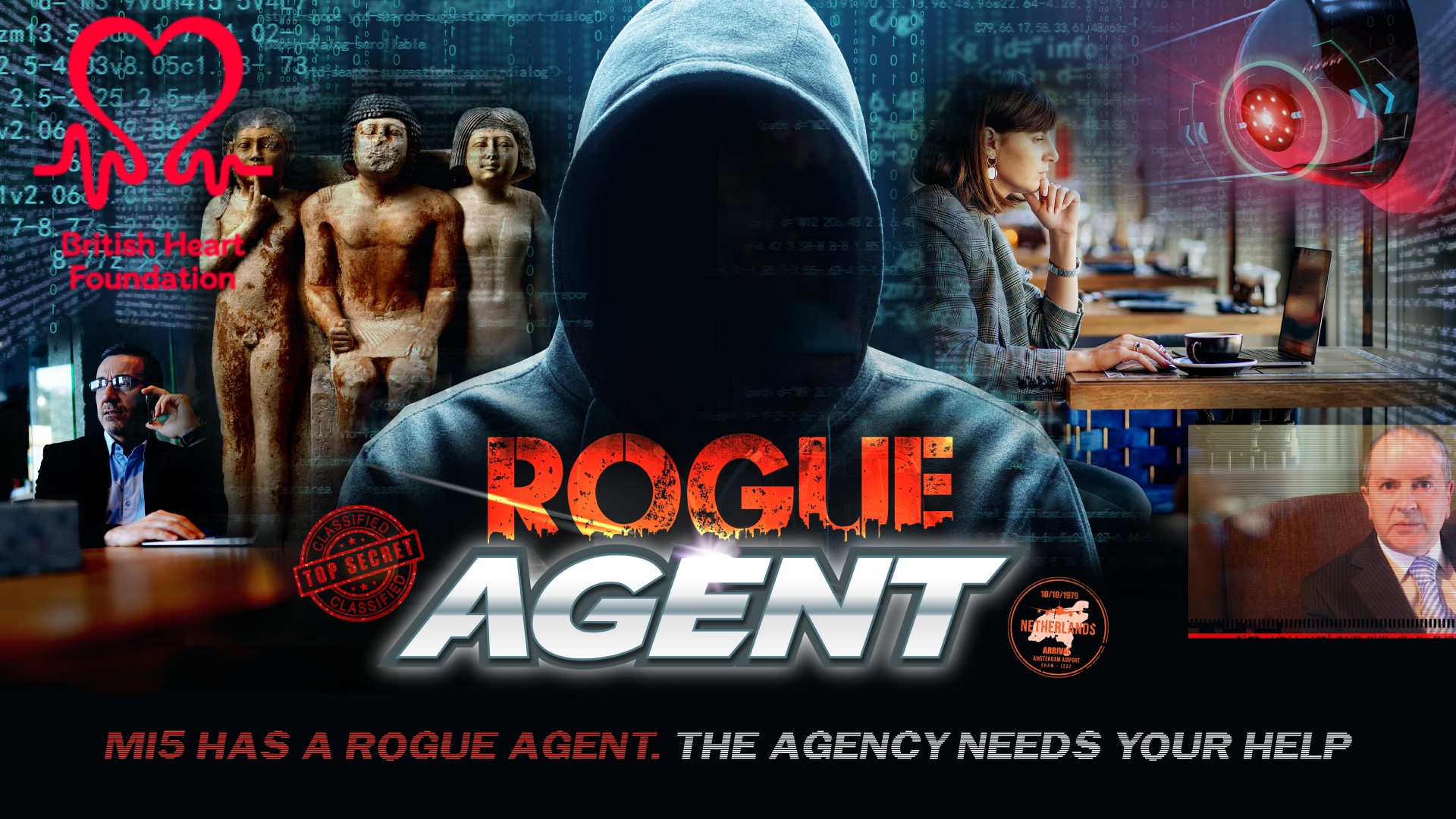 Hooded man with no face with BHF logo in top corner