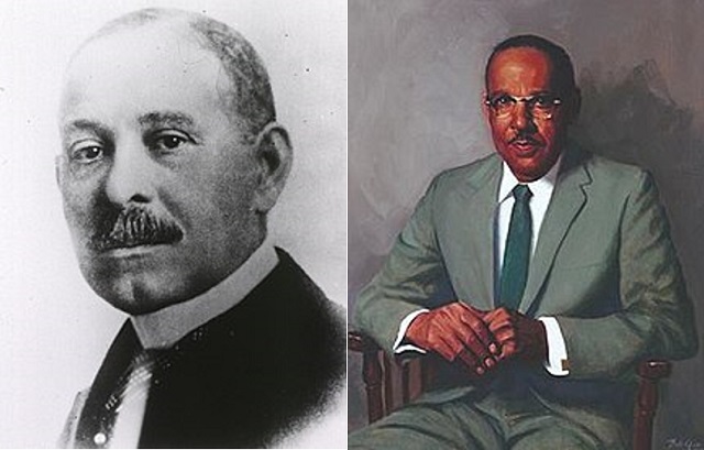 Photograph of Daniel Hale Williams and portrait of Vivien Theodore Thomas, painted by Bob Gee