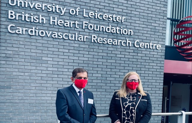 Professor Sir Nilesh Samani and Dr Charmaine Griffiths outside the University of Leicester's British Heart Foundation Cardiovascular Research Centre.