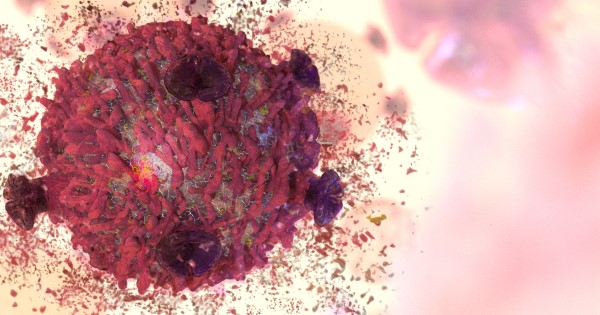 A computer generated image showing a cancer cell self destructing