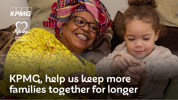 A Black mother wearing traditional West African dress with a young girl. It reads: "KPMG, help us keep more families together for longer"