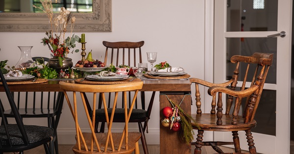 Festive dining room scene styled with preloved items from BHF shops