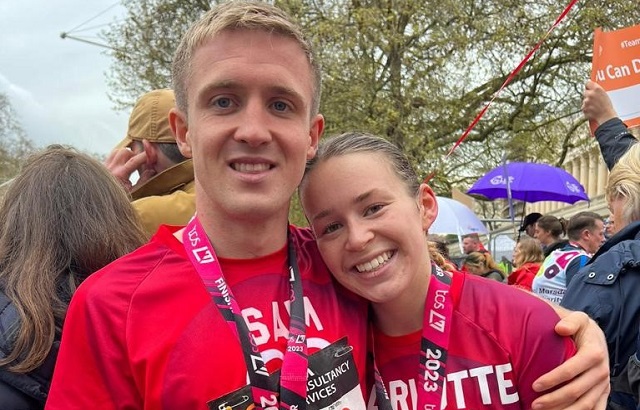 Charlotte Burdge and her boyfriend Sam completed the marathon for her brother Ed who underwent a heart transplant age 17
