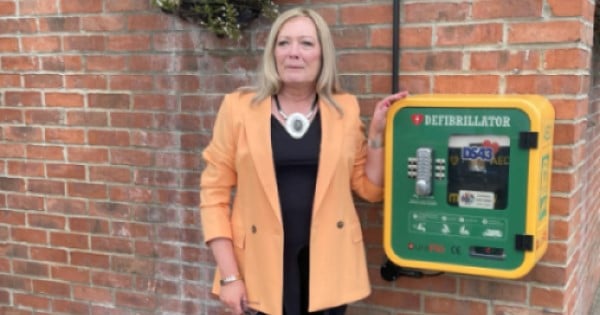 Pam Shurmer with defibrillator
