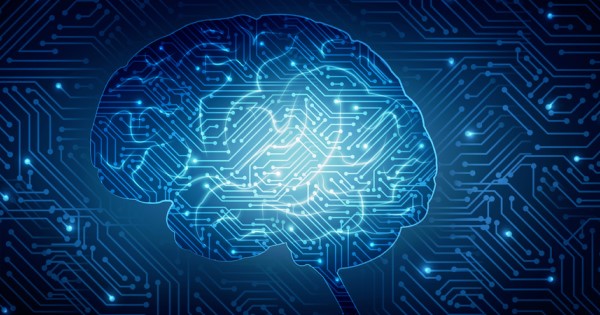 An image of a brain formed by circuit board wiring