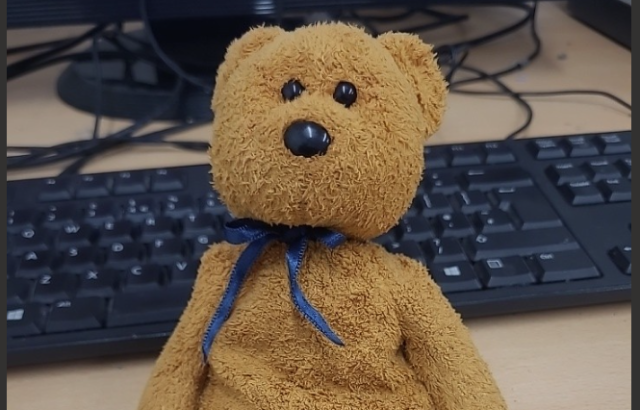 A brown teddy bear with a blue ribbon around it's neck. 