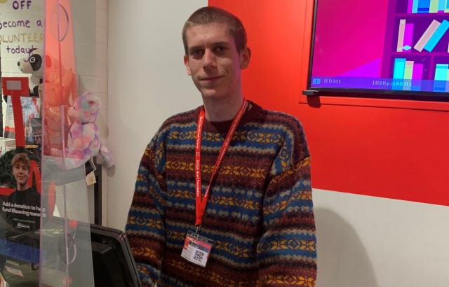 19 year old volunteer Joe Leatherbarrow in a Bristol BHF charity shop.