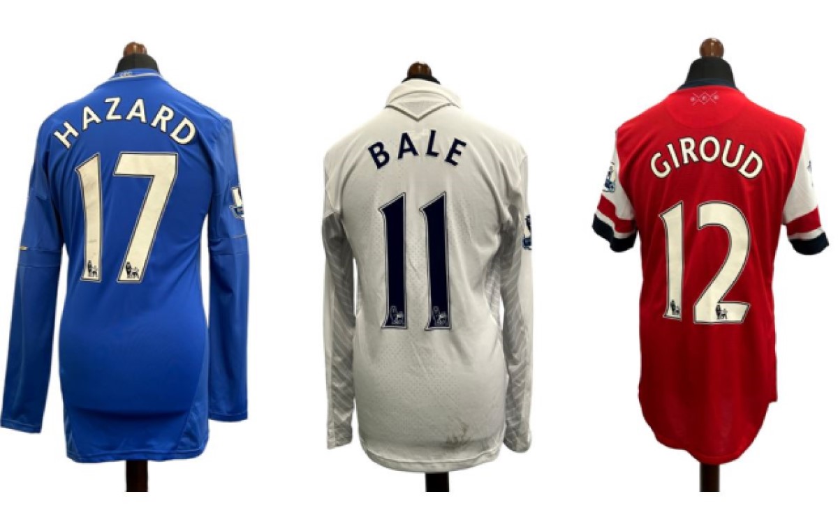 Match-worn shirts from Gareth Bale, Olivier Giroud, and Eden Hazard.