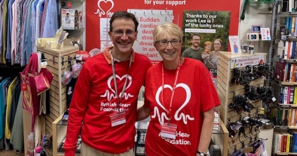 Volunteers Alec and Philippa outside the British Heart Foundation shop in Sutton Coldfield.