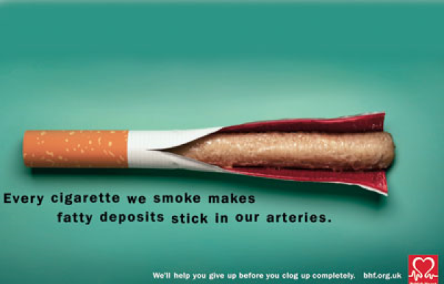 British Heart Foundation anti-smoking advert, a picture of a cigarette opened up to reveal the inside of an artery clogged with fat