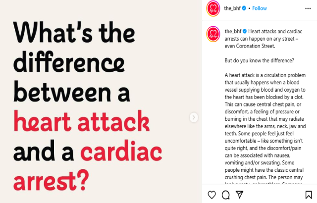 Picture of a BHF intstagram post asking what the difference between a heart attack and cardiac arrest is 
