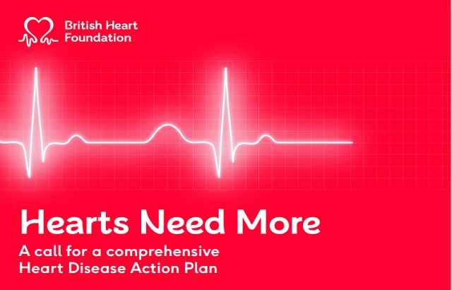 A red backdrop with the BHF heart logo in white and a ecg line with the words Hearts Need More: A call for a comprehensive heart disease action plan underneath