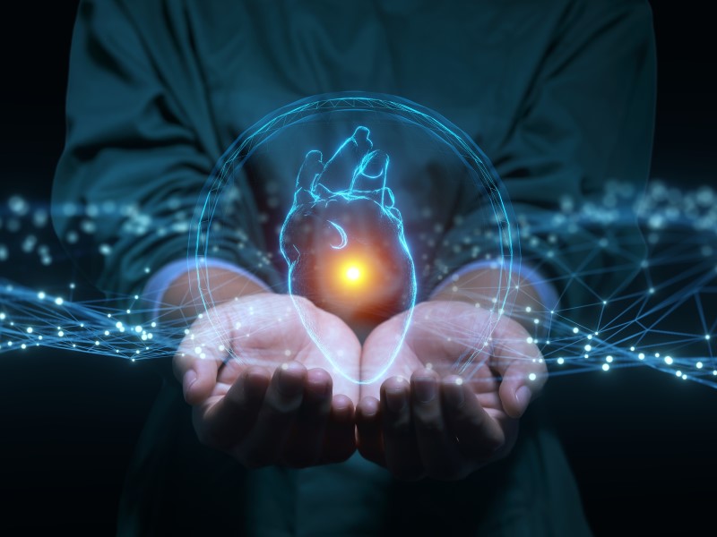 Picture of cupped hands holding a hologram of a heart