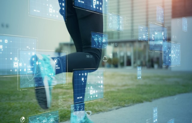 Person running with science graphs on top of the image