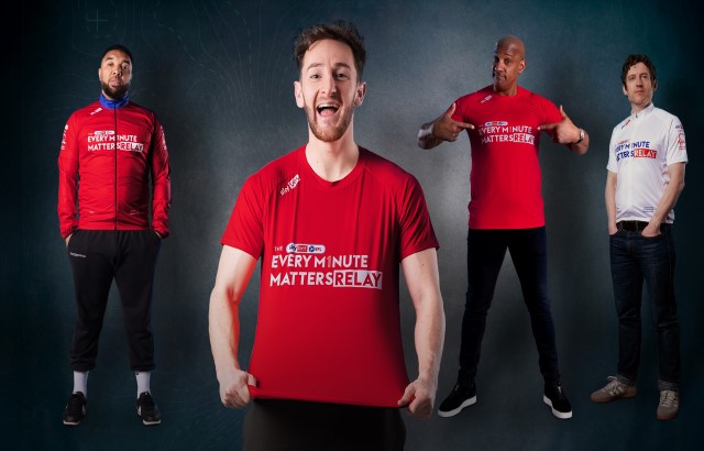 Sky Bet Every Minute Matters Relay ambassadors - left to right are Troy Deeney, Tom Lockyer, Dion Dublin and Elis James, wearing Every Minute Matters T-shirts
