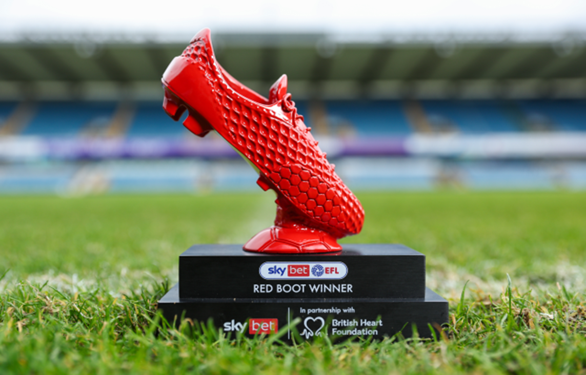 Image of a trophy shaped like a red boot on a football pitch