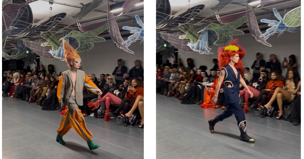 Two pictures side by side, of two models walking down the catwalk in Vin + Omi's collection. Model on the left has orange hair and wearing an orange and grey suit. Model on the right has red hair and wearing a blue suit with cut out detailing. 