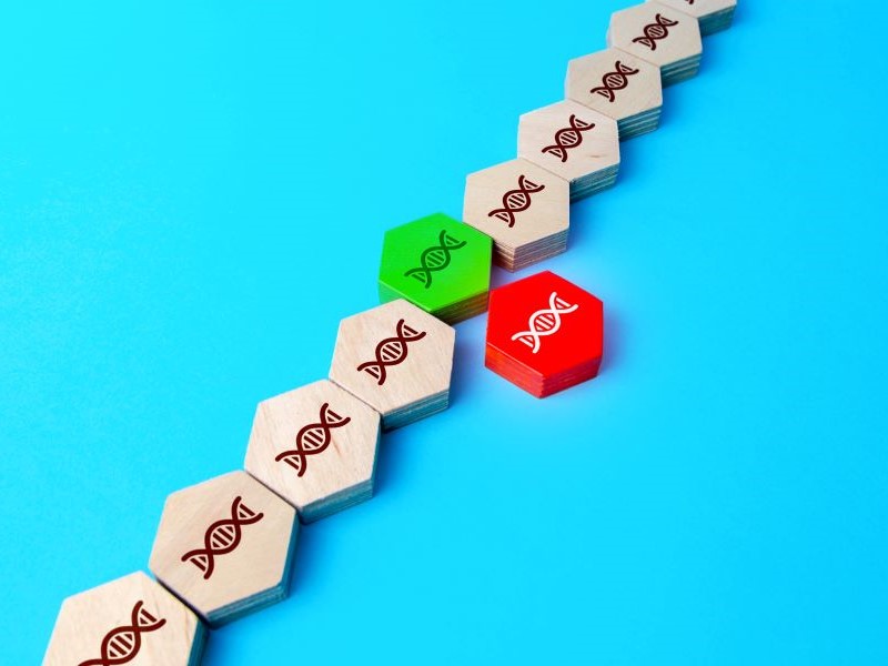 Hexagonal tiles with DNA symbols on a blue background. One tile is green and another is red among beige tiles.