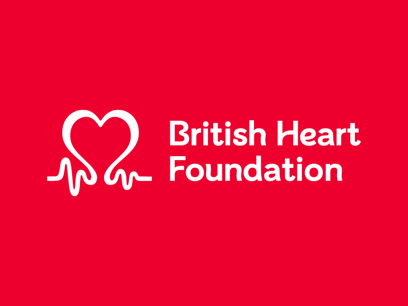 The British Heart Foundation heart pulse logo in white next to white text that says 'British Heart Foundation' on a red background