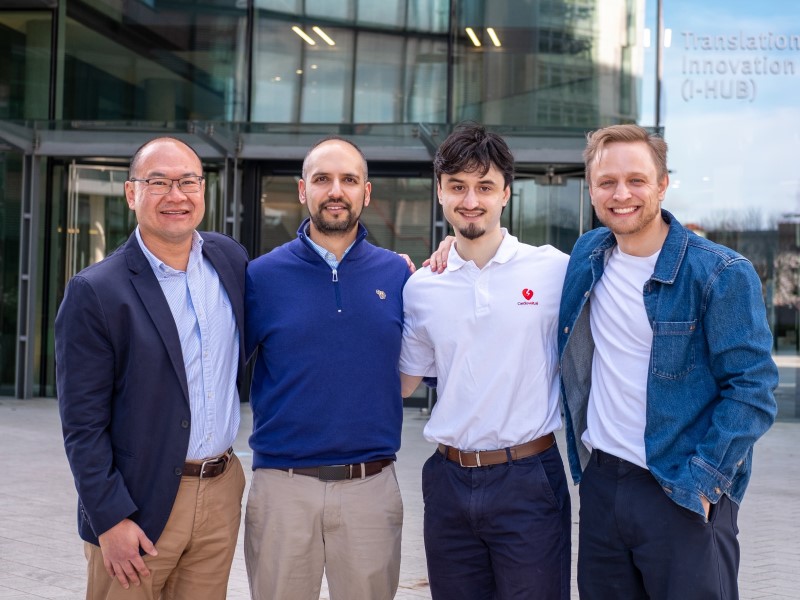 The Cardiovolt.ai team, Professor Fu Siong Ng, Dr Arunashis Sau, Boroumand Zeidaabadi and Dr Libor Pastika stood in front of the Translation & Innovation hub at Imperial College London