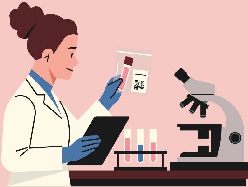 Cartoon image of female researcher with a microscope