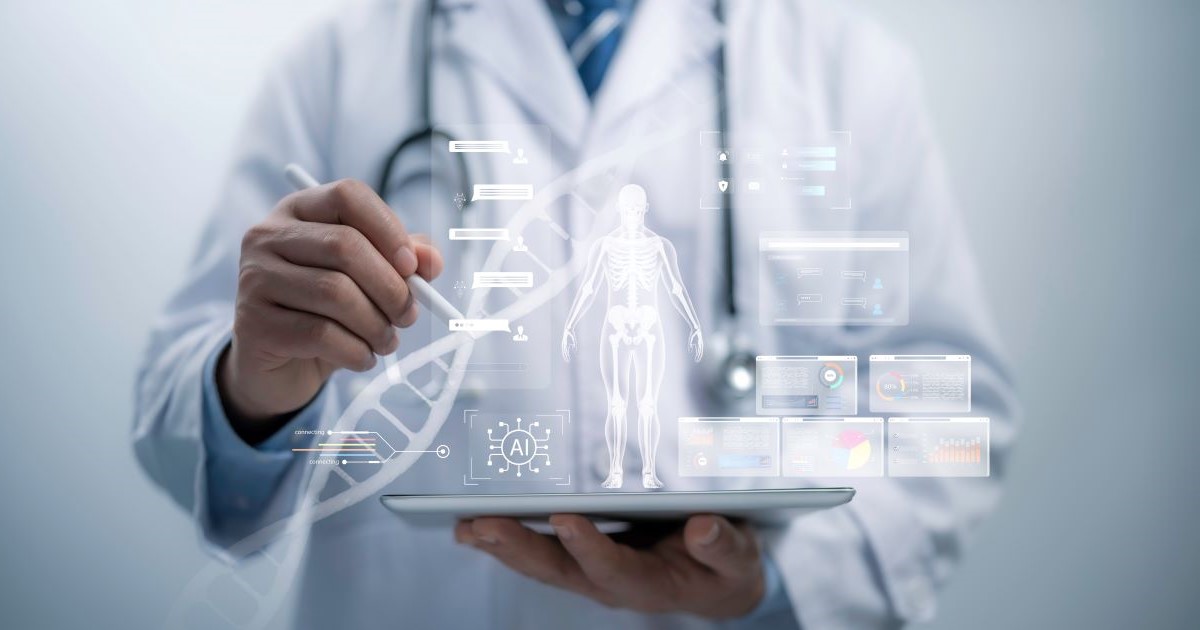 Doctor in a lab coat holding a tablet with various AI holograms coming out of it
