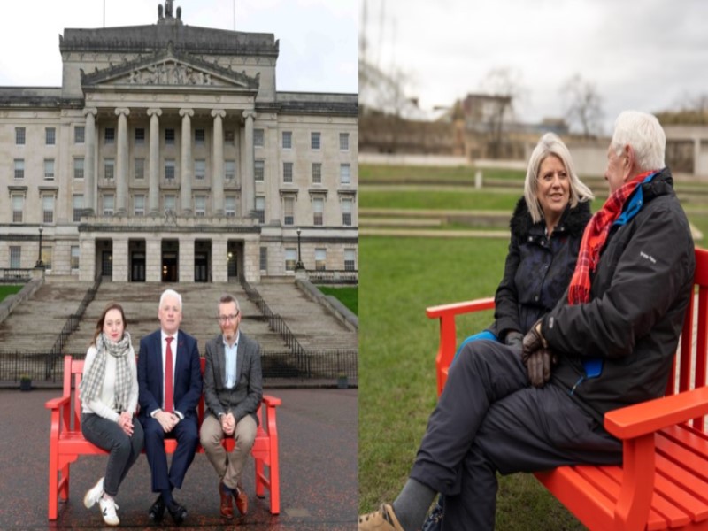 Politicans from Northern Ireland and Scotland sitting on a BHF red bench. 