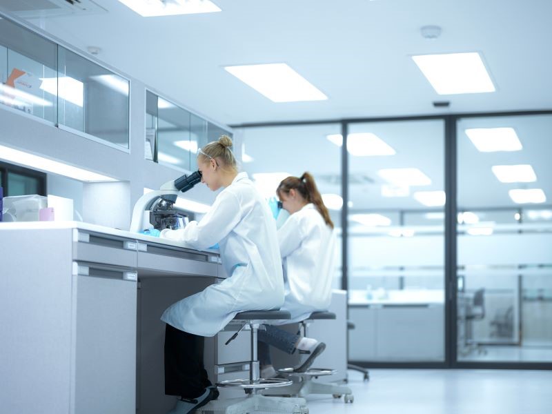 Two scientists in a lab looking through microscopes