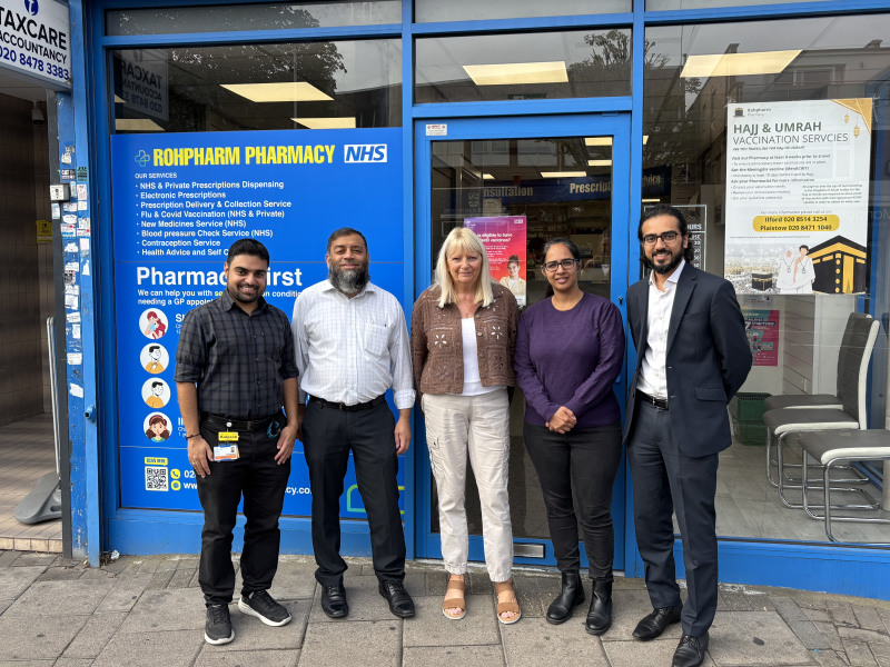 The community pharmacy project research team with study volunteer Ashleen. L-R Kalpesh Patel, Farhan Moulana, Ashleen Back, Jagjot Chahal, Riyaz Patel