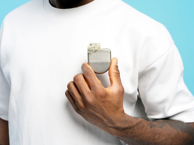 Man in a white T-shirt holding a pacemaker