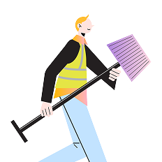 Man in high vis vest carries a lamp 